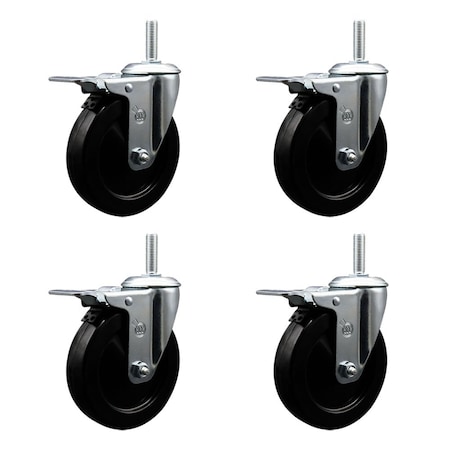 Service Caster 5 Inch Soft Rubber Swivel 34 Inch Threaded Stem Caster Set with Total Lock Brake SCC-TSTTL20S514-SRS-34212-4